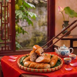 Xúc xích cốm Làng Vòng thơm ngon chế biến từ cốm nếp non và thịt lợn xay